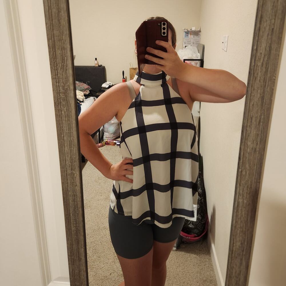 Lulus High Neck White Checkered Flowy Tank Blouse - Small - Gingham Picnic Flowy